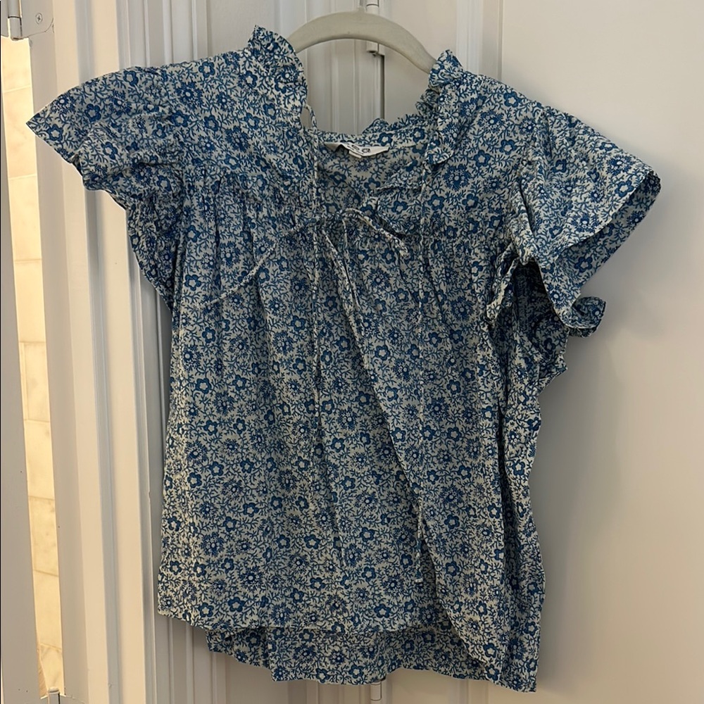 Sea Blue Floral Ruffle Blouse